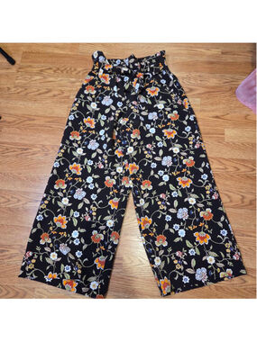 7th Avenue Design Studio Black Floral Wide Leg Pants Size 12 avg